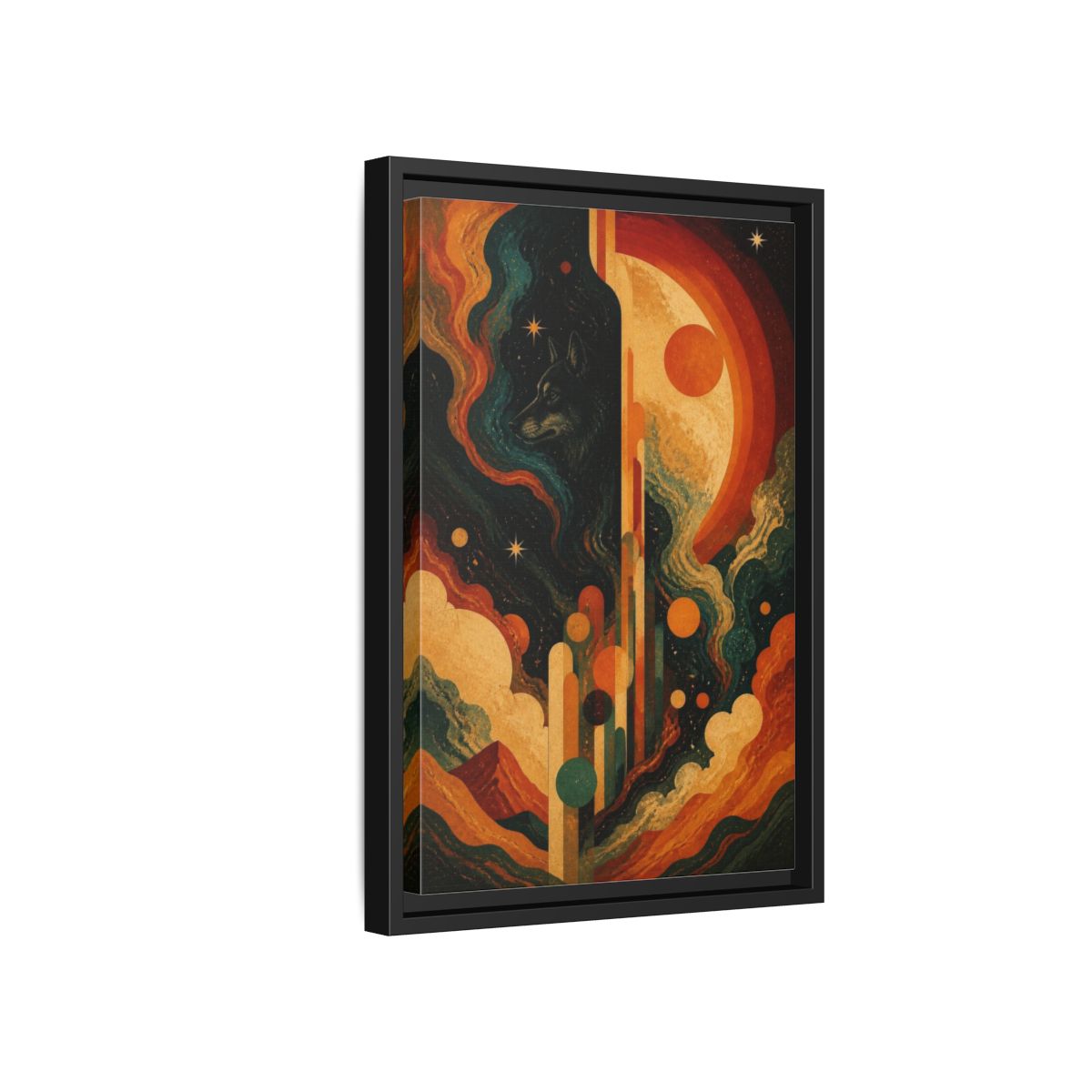 Side Mockup 6. Abstract Cosmic Wolf shown as framed canvas print