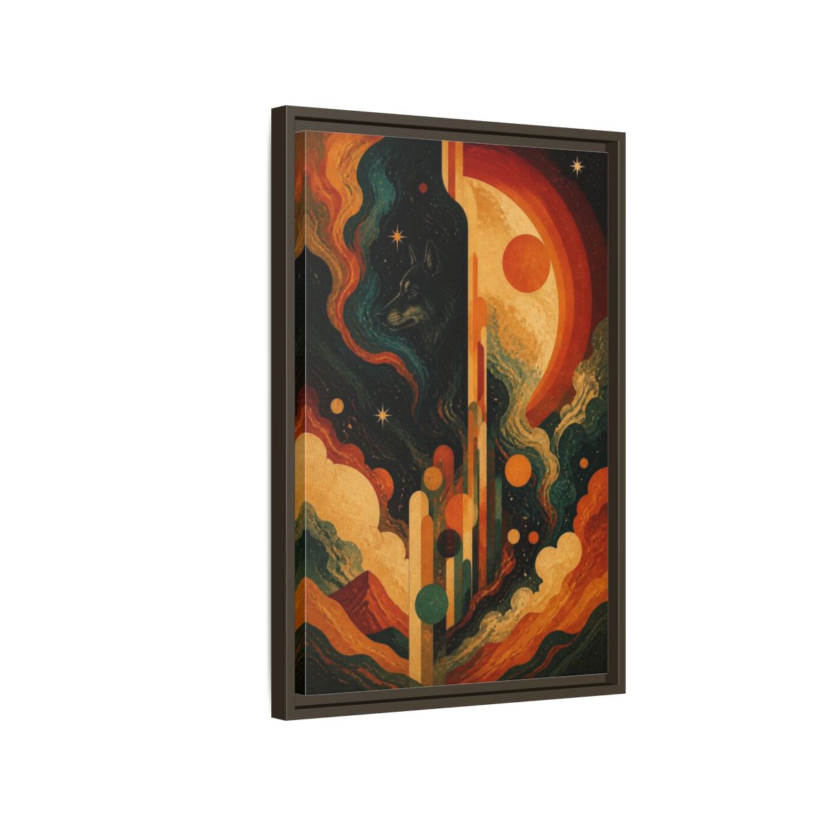 Side Mockup 2. Abstract Cosmic Wolf shown as framed canvas print
