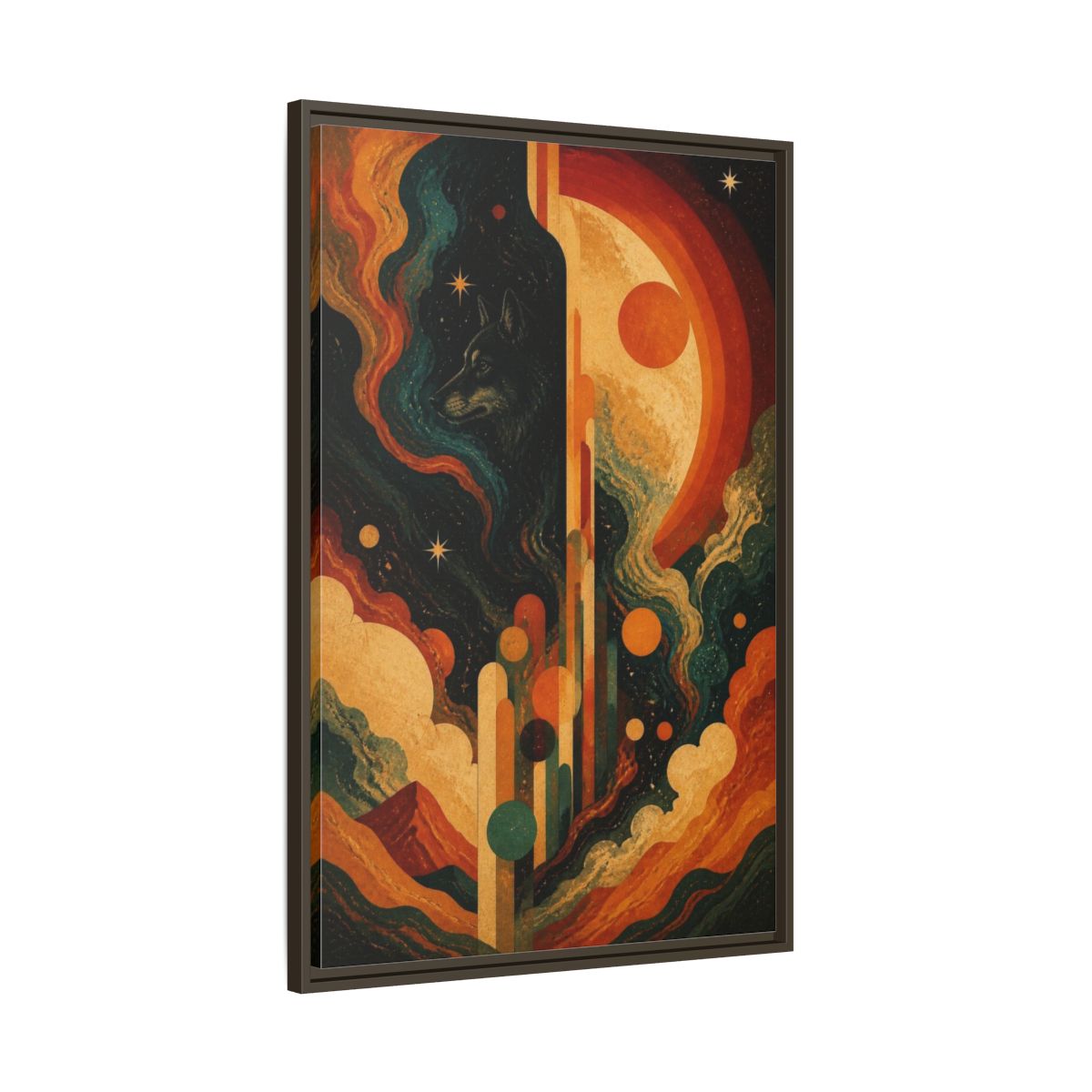 Main Mockup. Abstract Cosmic Wolf shown as framed canvas print