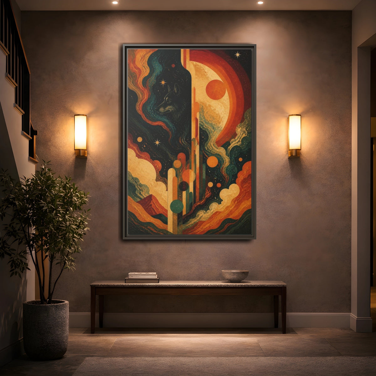 Mockup 2. Abstract Cosmic Wolf shown as framed canvas print