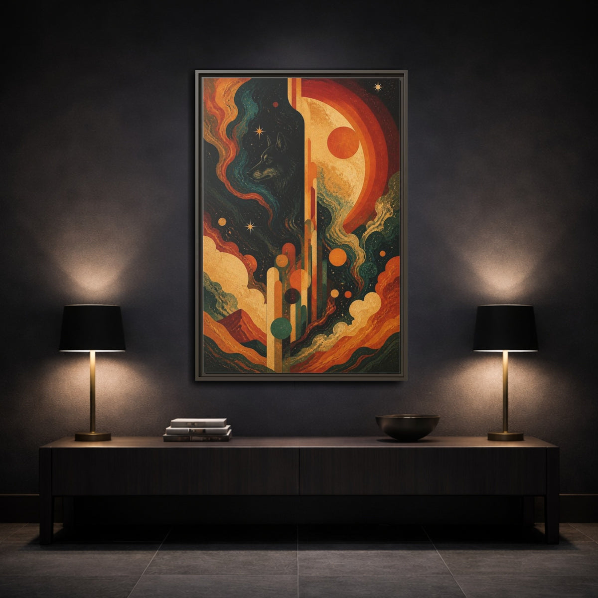 Mockup 3. Abstract Cosmic Wolf shown as framed canvas print