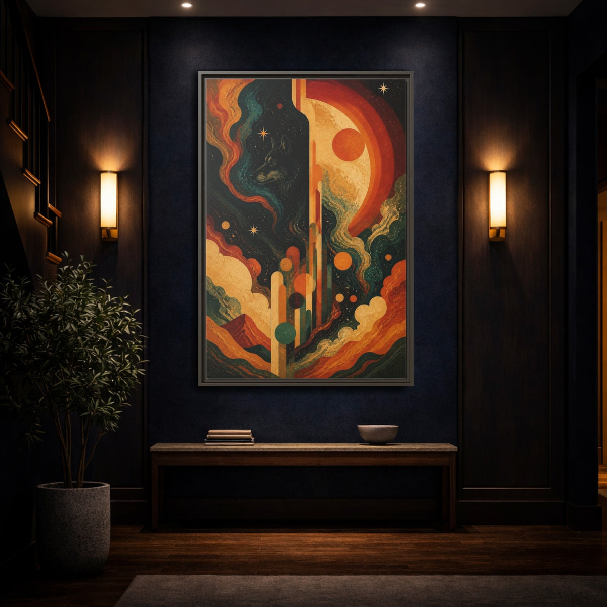 Mockup 4. Abstract Cosmic Wolf shown as framed canvas print