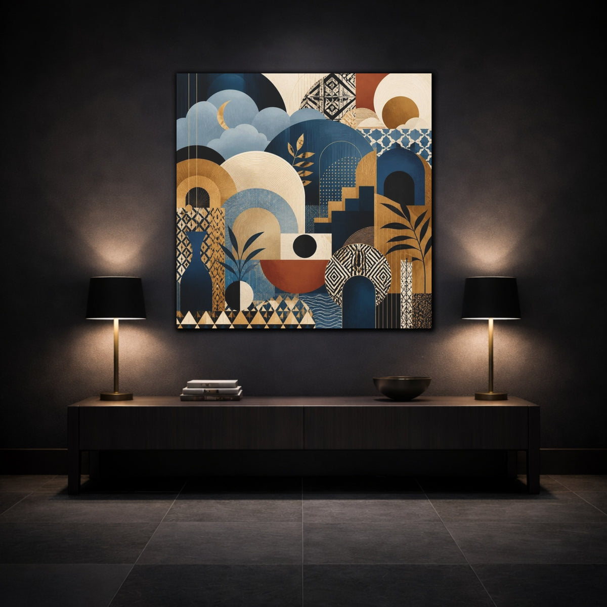 Mockup 3. Abstract Crescent Moon Arches shown as canvas print