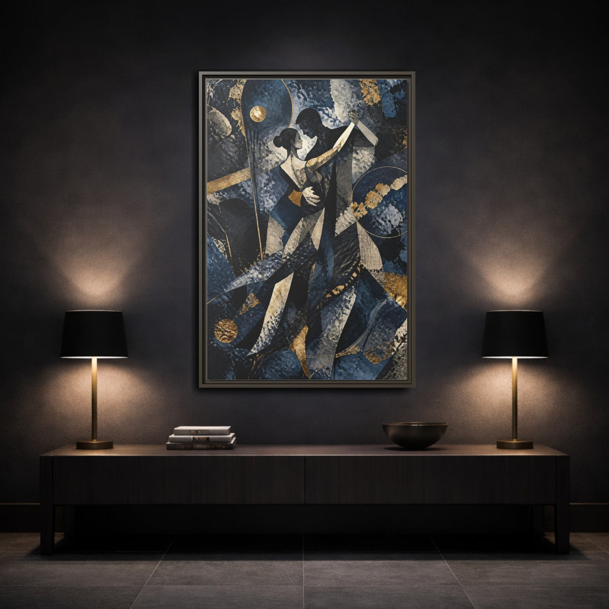 Mockup 3. Abstract Dancing Couple shown as framed canvas print