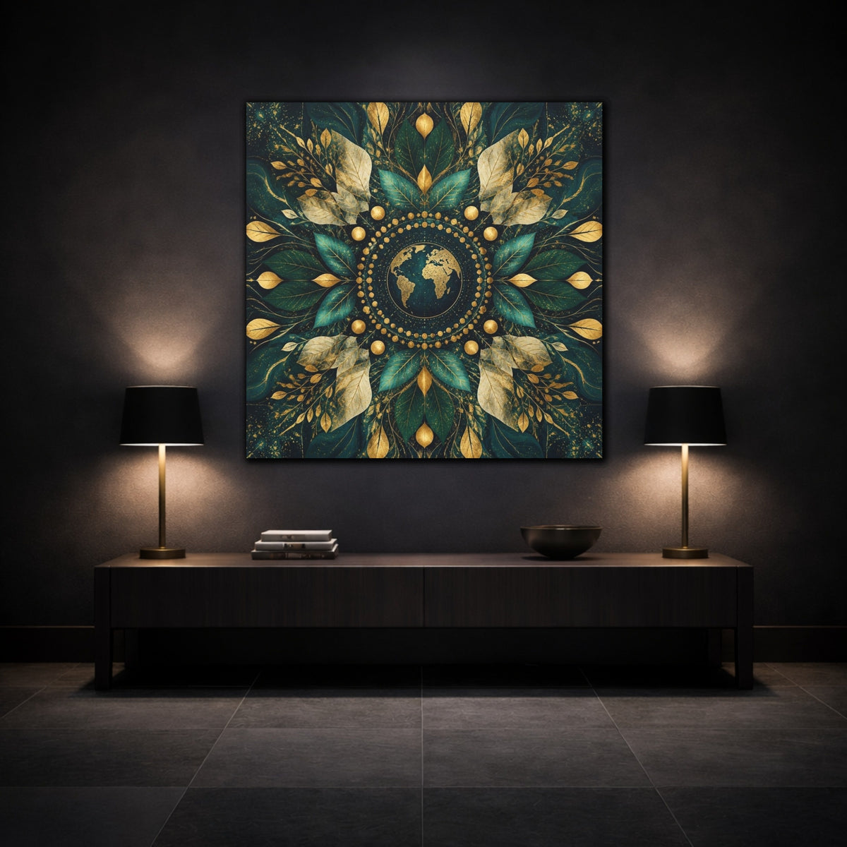 Mockup 3. Abstract Earth Mandala shown as canvas print