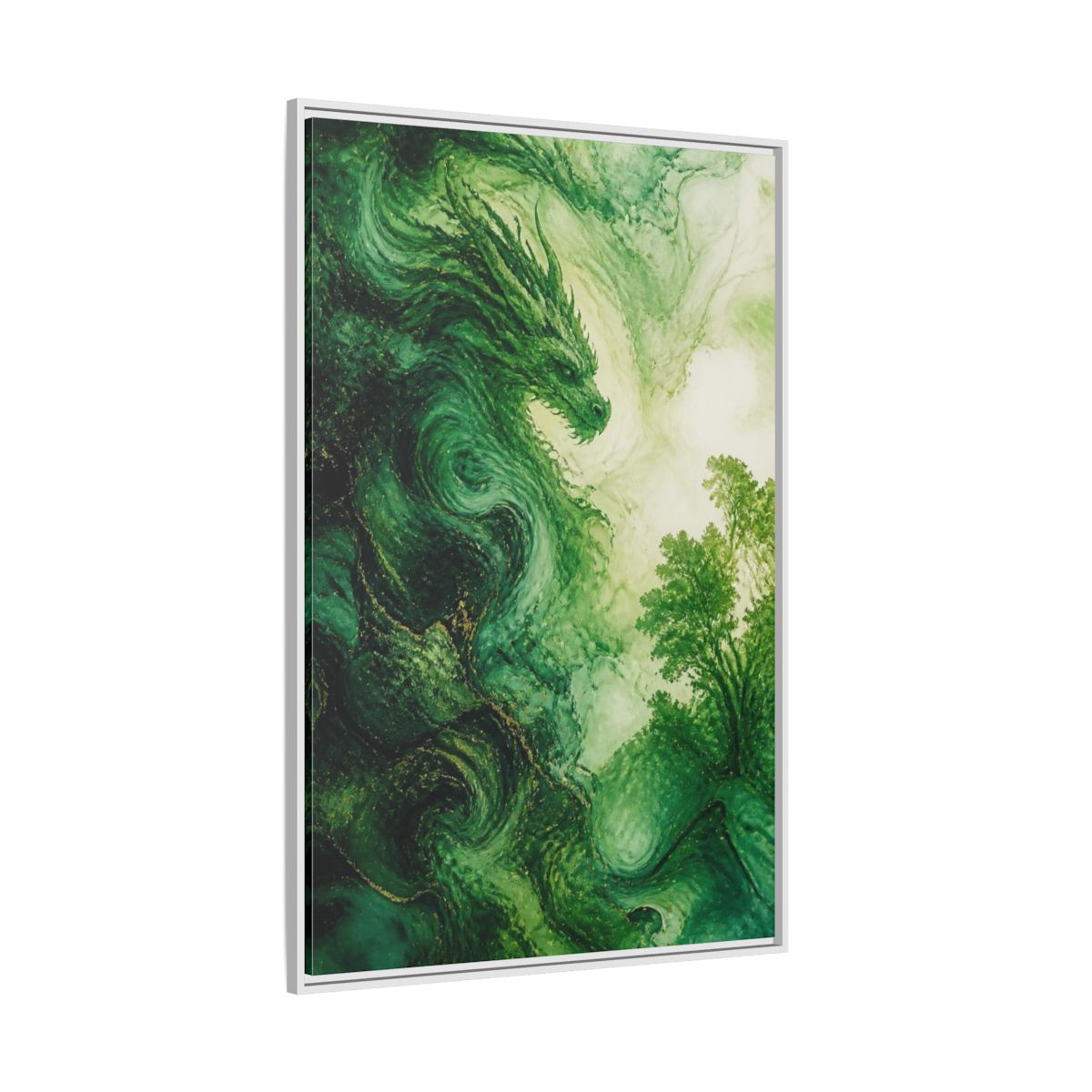 Side Mockup 7. Abstract Emerald Dragon shown as framed canvas print