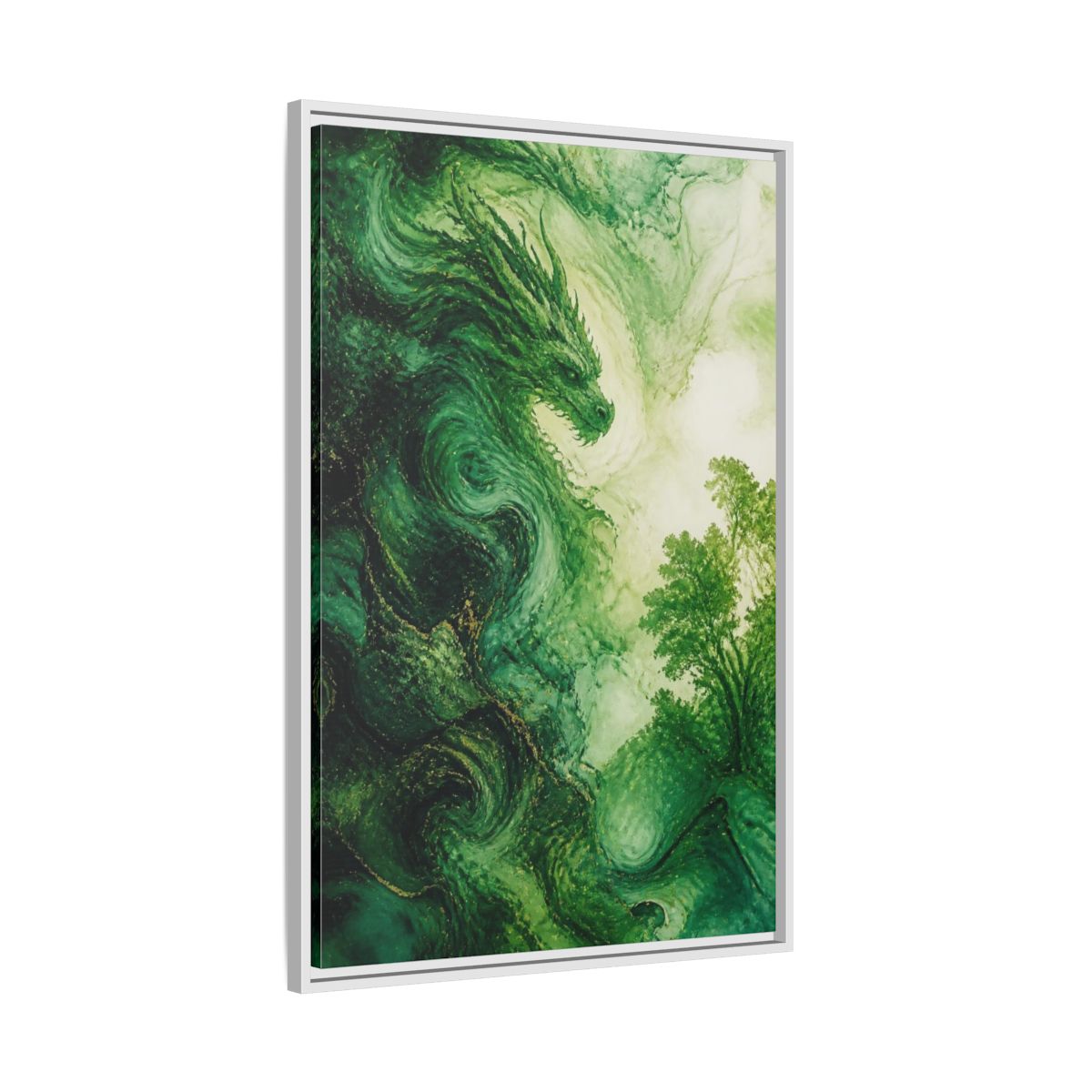 Side Mockup 9. Abstract Emerald Dragon shown as framed canvas print