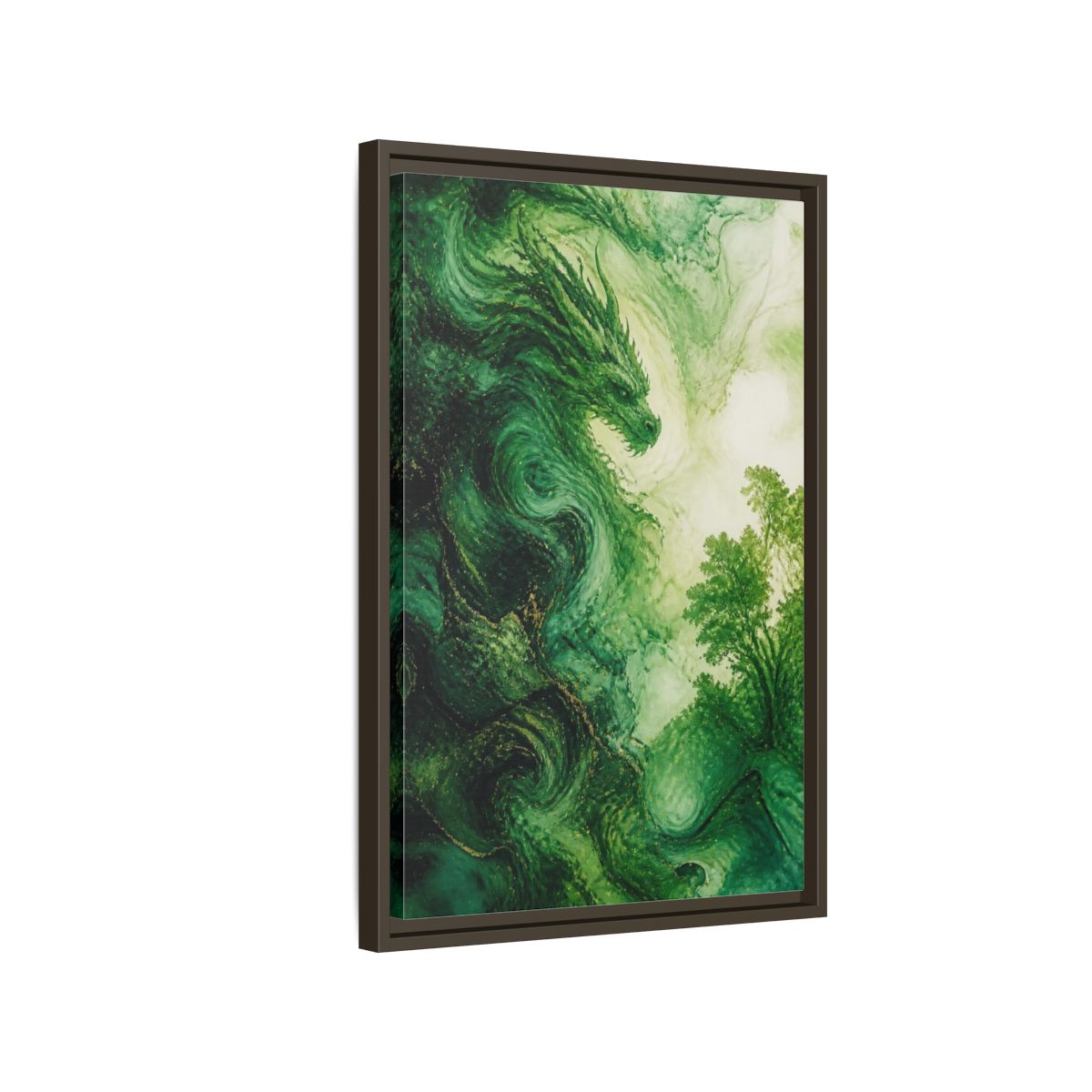 Side Mockup 2. Abstract Emerald Dragon shown as framed canvas print