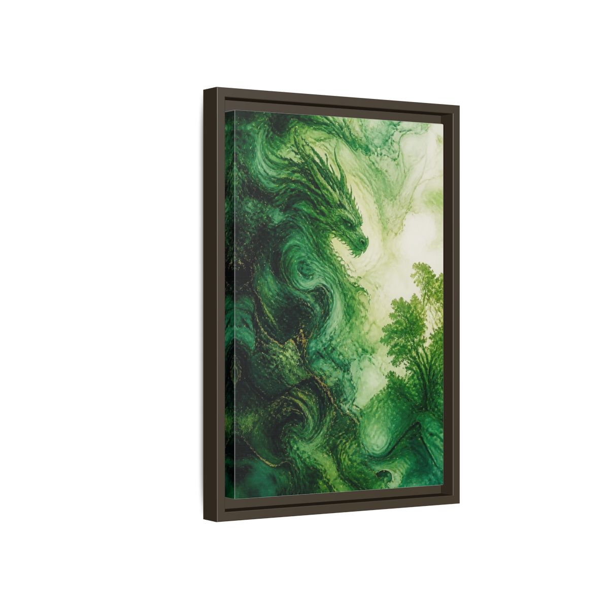 Side Mockup 5. Abstract Emerald Dragon shown as framed canvas print