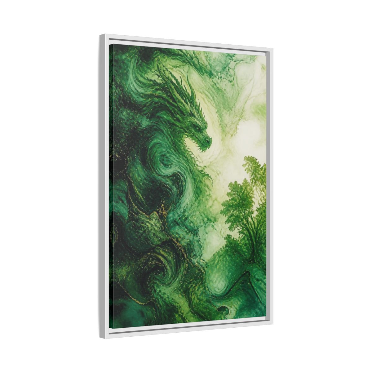 Side Mockup 10. Abstract Emerald Dragon shown as framed canvas print