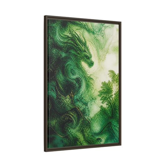 Main Mockup. Abstract Emerald Dragon shown as framed canvas print