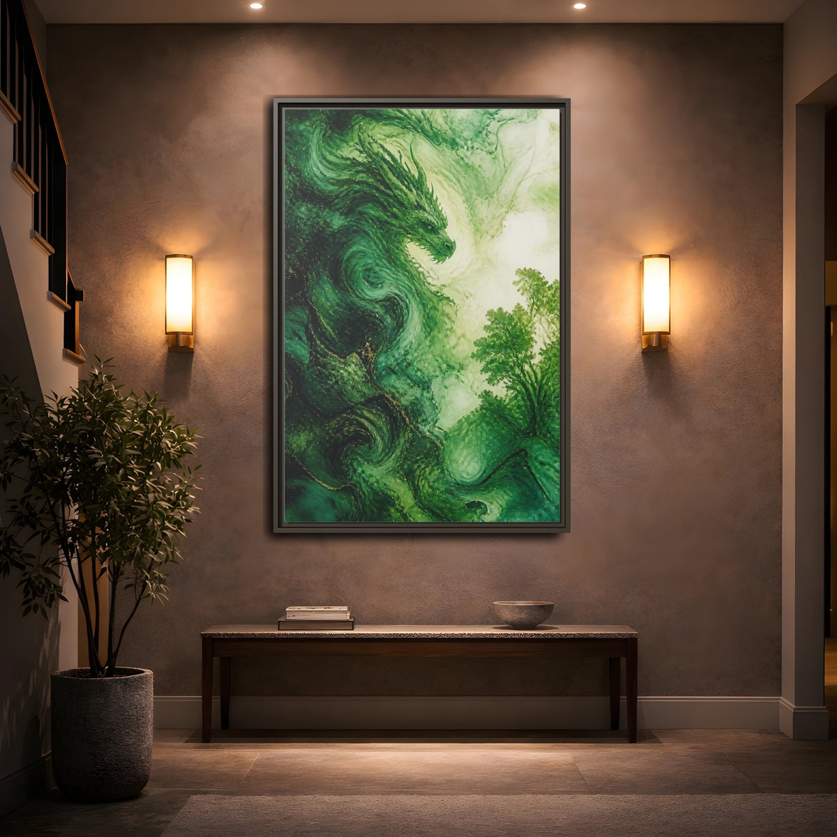 Mockup 2. Abstract Emerald Dragon shown as framed canvas print