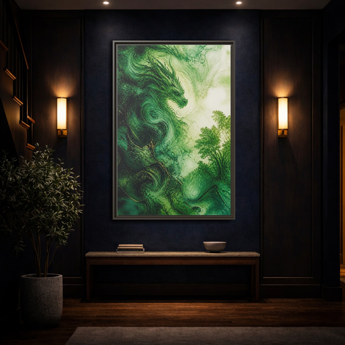 Mockup 4. Abstract Emerald Dragon shown as framed canvas print
