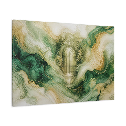 Main Mockup. Abstract Emerald Garden Gate shown as canvas print