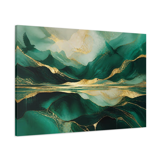 Main Mockup. Abstract Emerald Mountains shown as canvas print