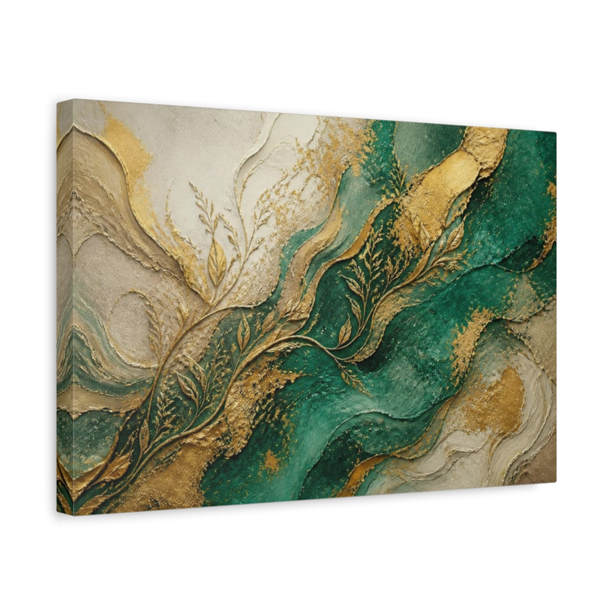 Side Mockup 4. Abstract Emerald Tendrils shown as canvas print