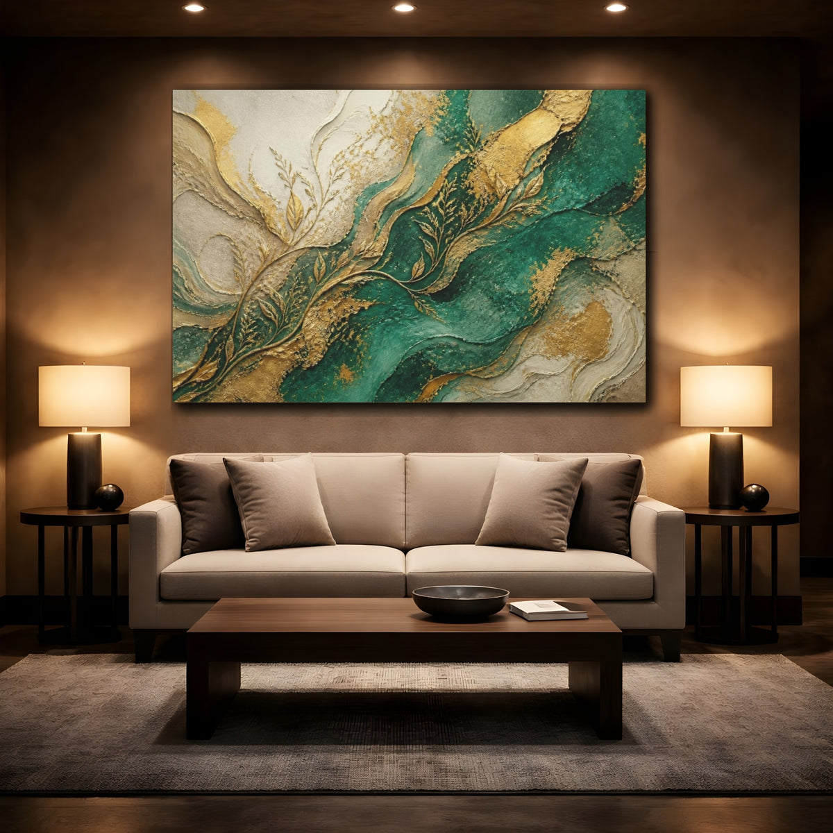 Mockup 2. Abstract Emerald Tendrils shown as canvas print