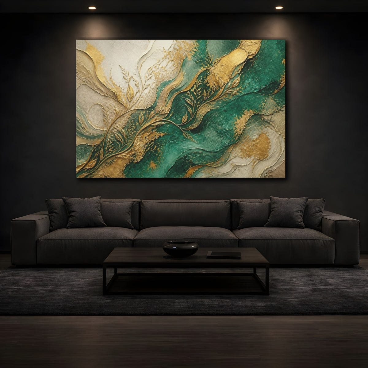 Mockup 3. Abstract Emerald Tendrils shown as canvas print