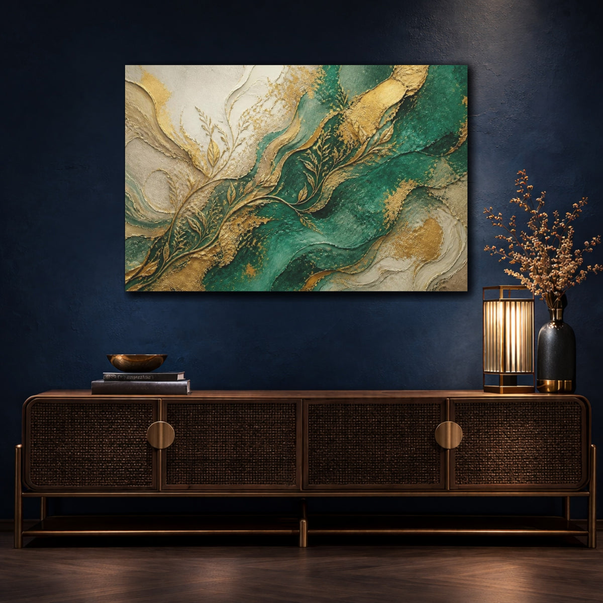 Mockup 4. Abstract Emerald Tendrils shown as canvas print
