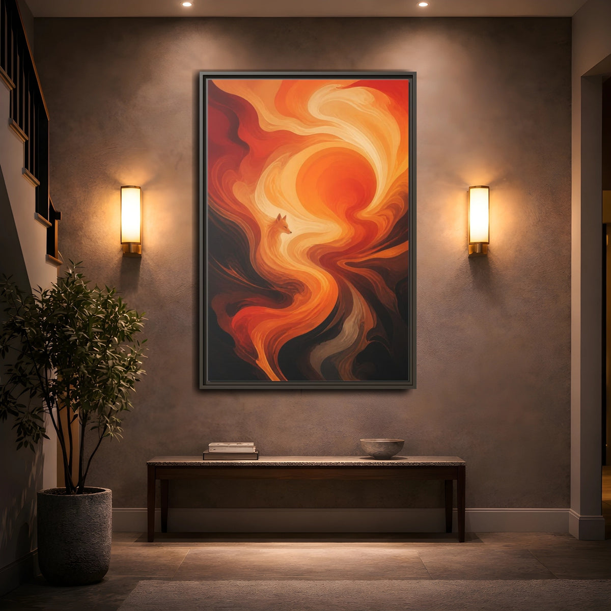 Mockup 2. Abstract Fox At Sunset shown as framed canvas print