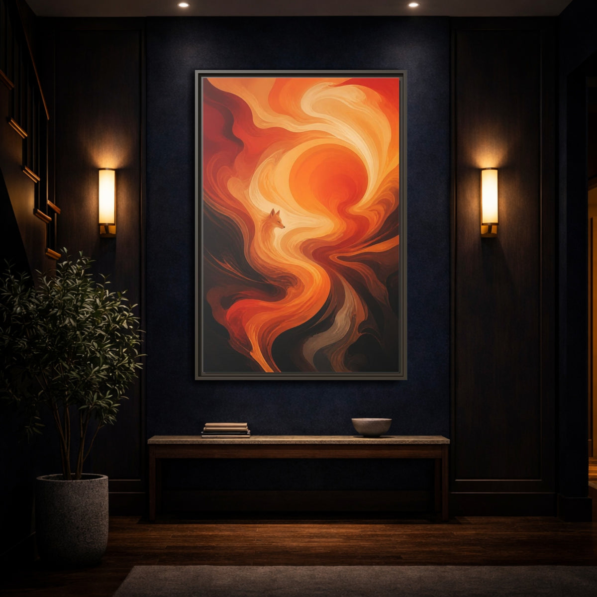 Mockup 4. Abstract Fox At Sunset shown as framed canvas print