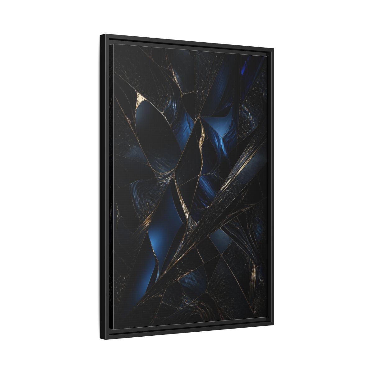 Side Mockup 14. Abstract Fractured Navy Shards shown as framed canvas print