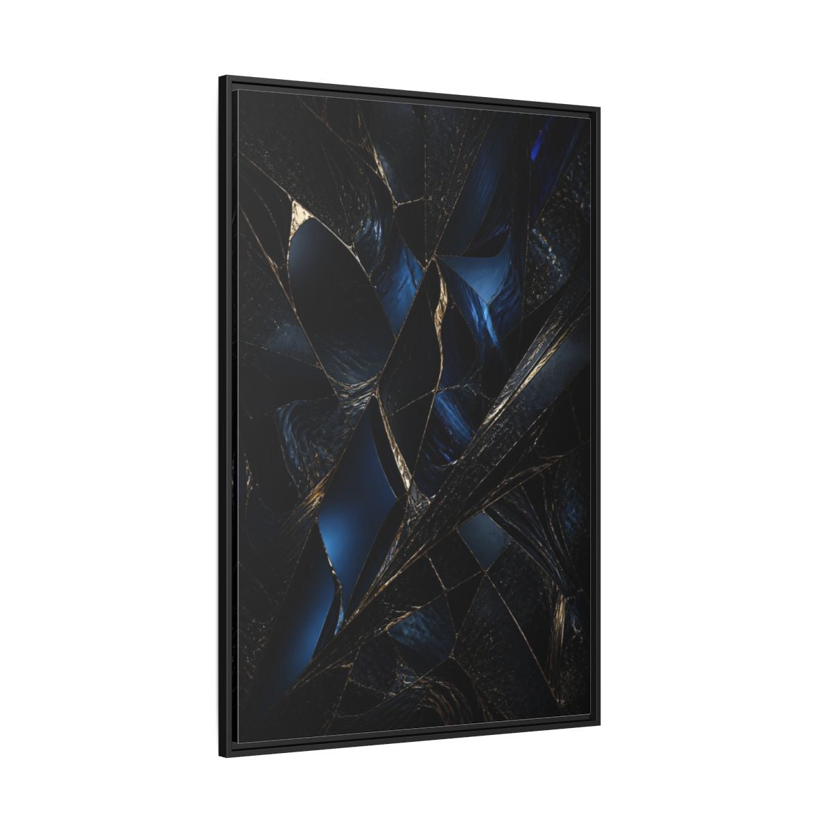 Side Mockup 12. Abstract Fractured Navy Shards shown as framed canvas print
