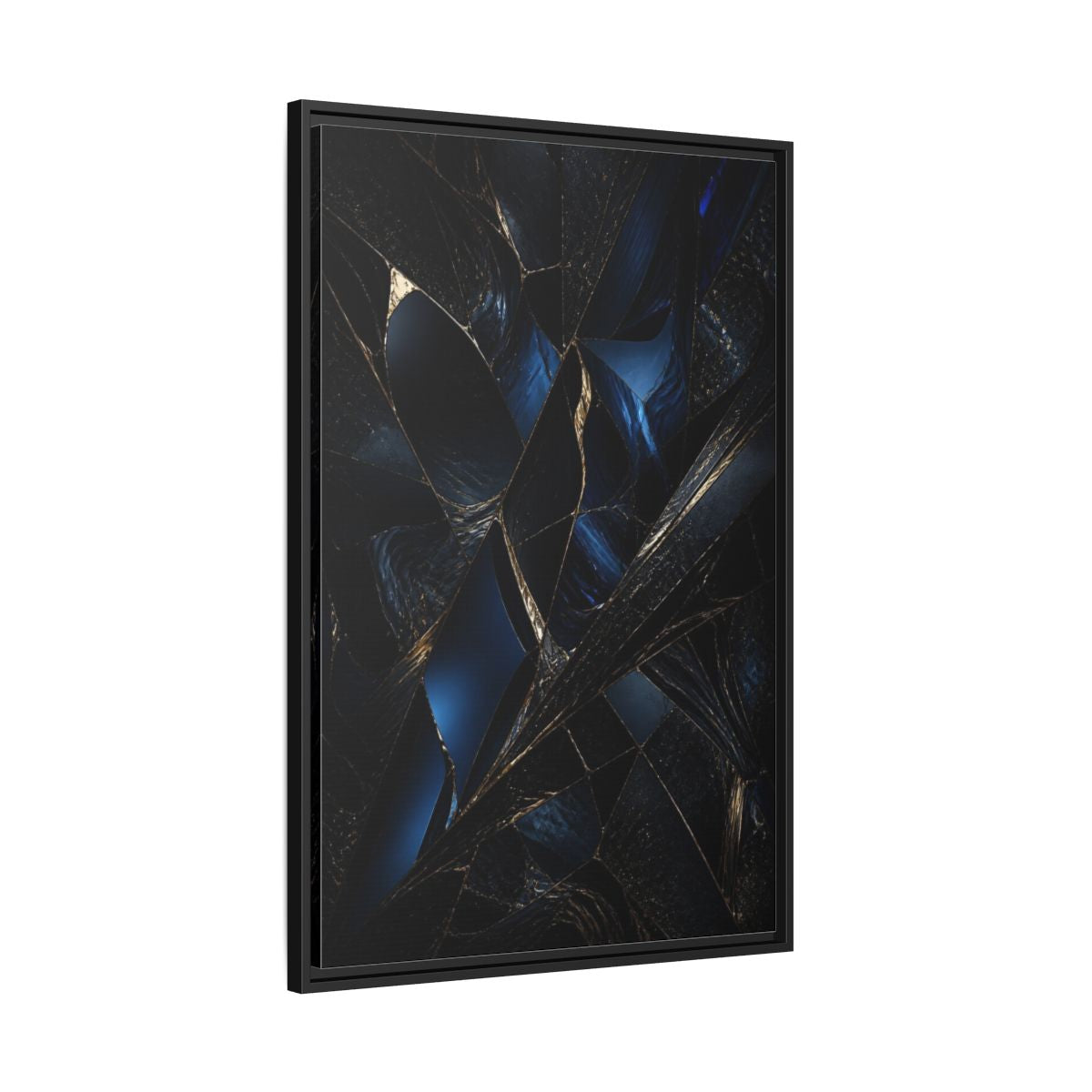 Side Mockup 13. Abstract Fractured Navy Shards shown as framed canvas print