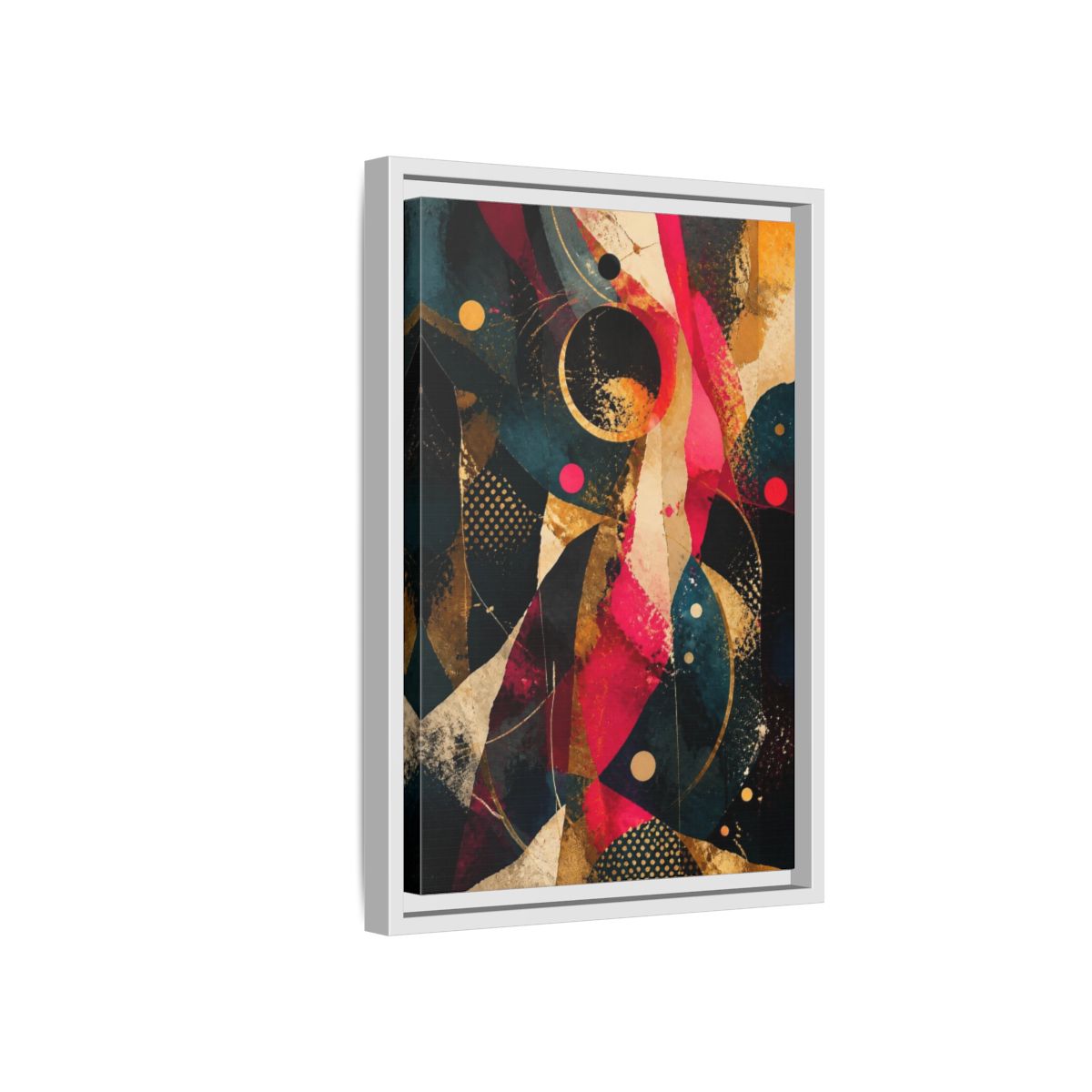 Side Mockup 4. Abstract Geometric Orbits shown as framed canvas print