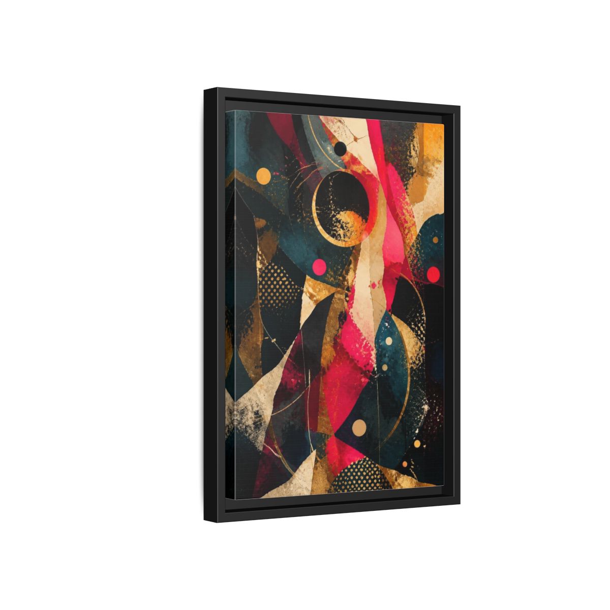 Side Mockup 6. Abstract Geometric Orbits shown as framed canvas print