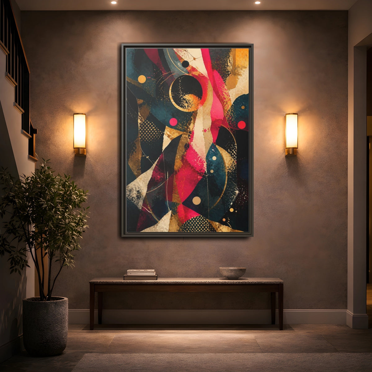 Mockup 2. Abstract Geometric Orbits shown as framed canvas print