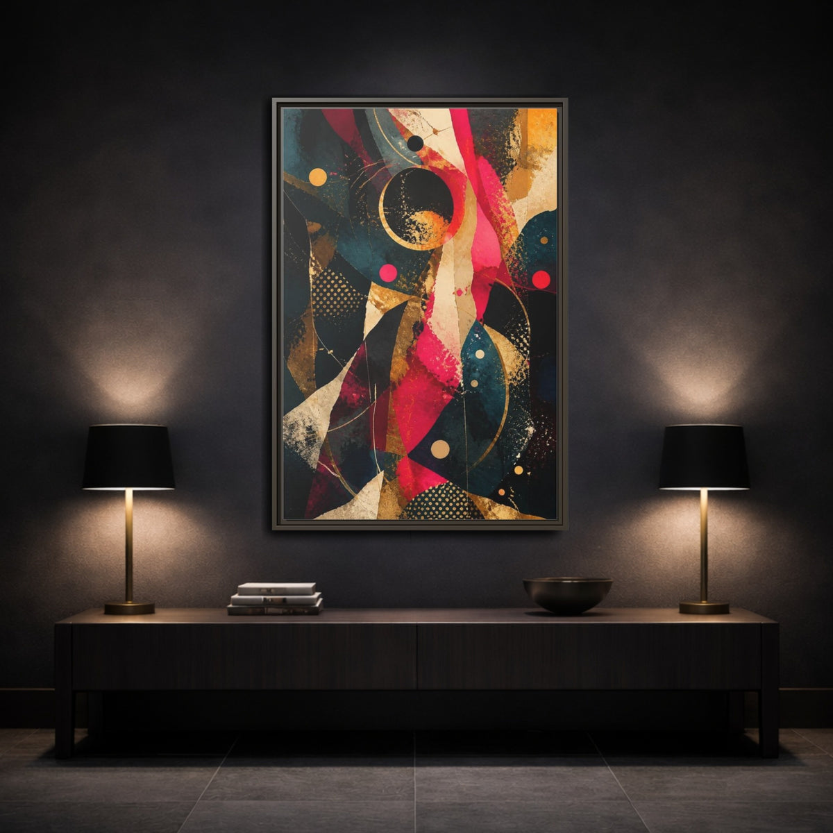 Mockup 3. Abstract Geometric Orbits shown as framed canvas print