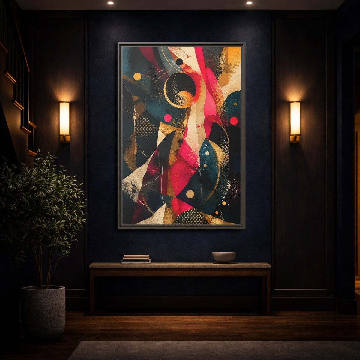 Mockup 4. Abstract Geometric Orbits shown as framed canvas print