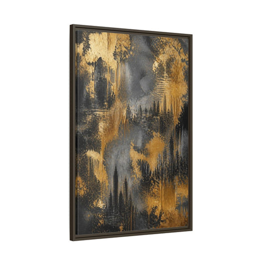 Main Mockup. Abstract Gold City Skyline shown as framed canvas print