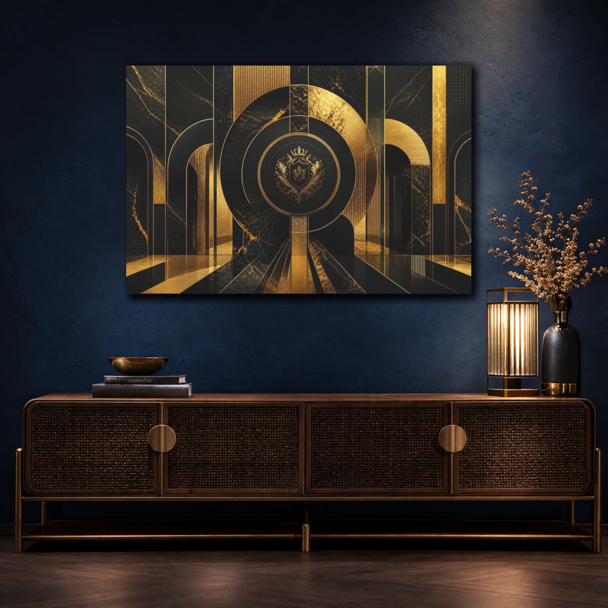 Mockup 4. Abstract Gold Crest shown as canvas print