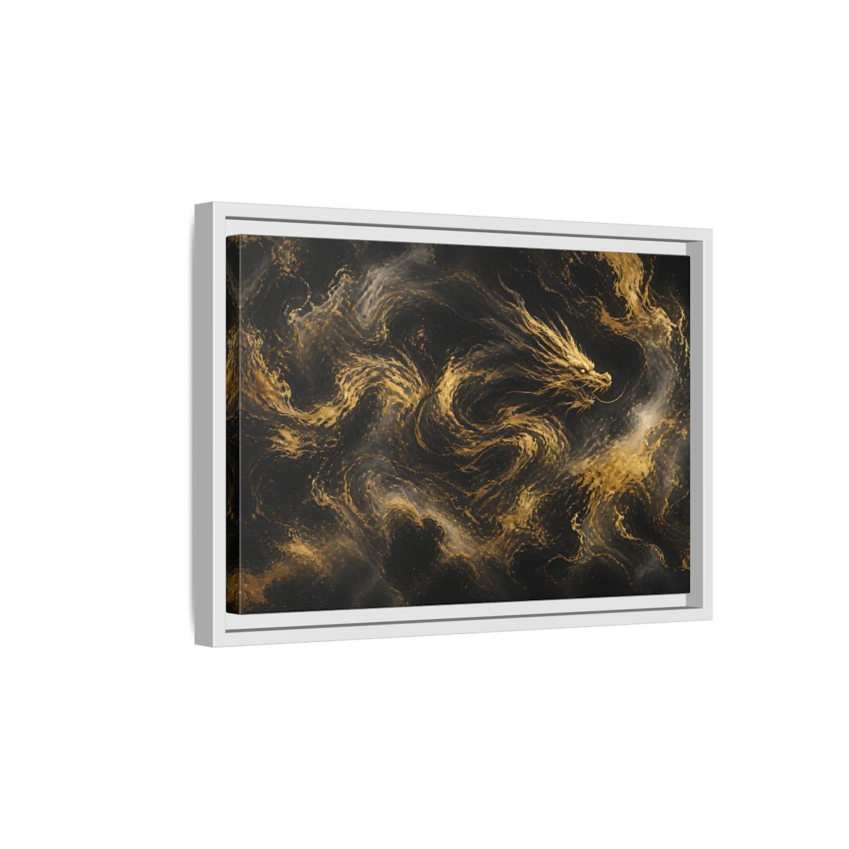 Side Mockup 4. Abstract Gold Dragon shown as framed canvas print