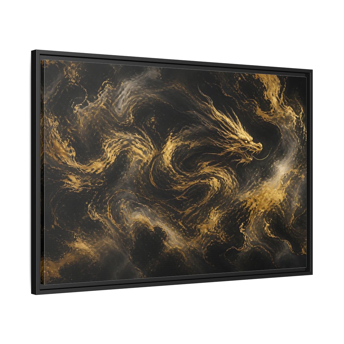 Side Mockup 13. Abstract Gold Dragon shown as framed canvas print