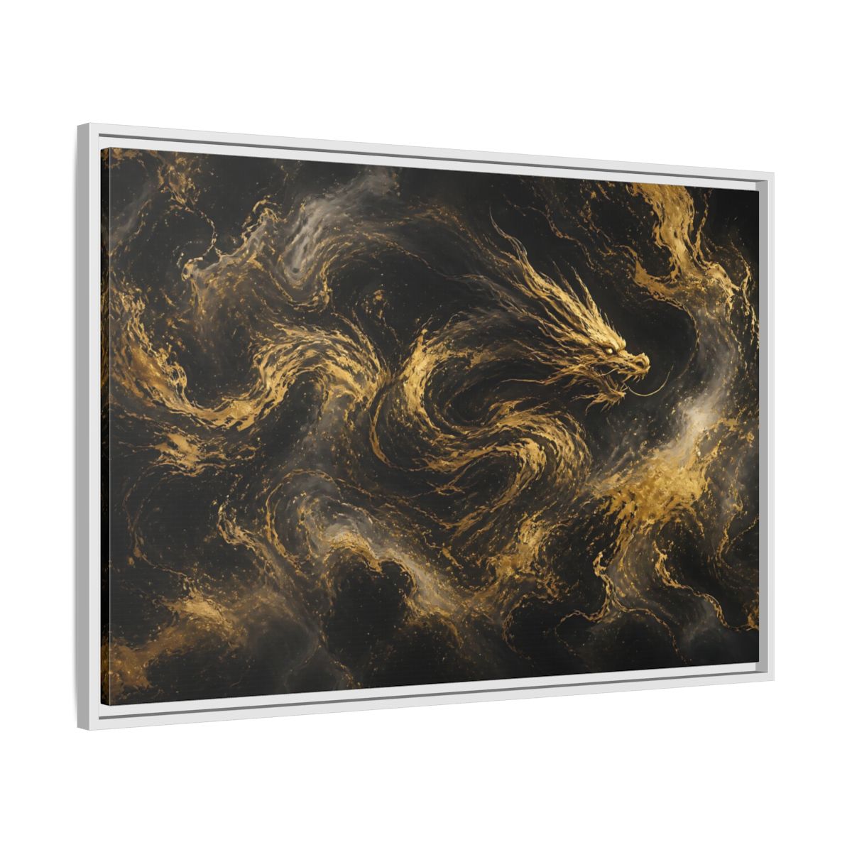 Side Mockup 9. Abstract Gold Dragon shown as framed canvas print