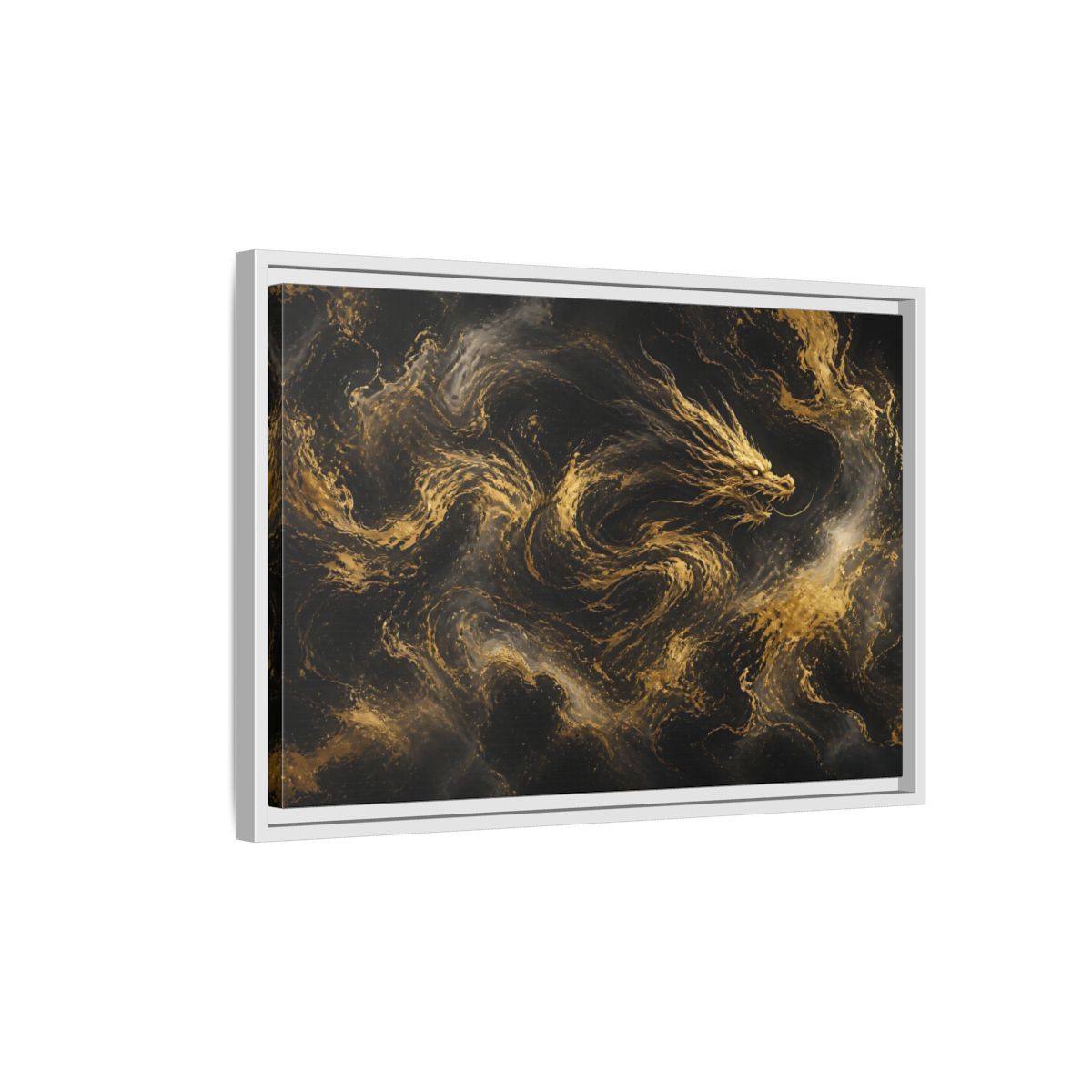 Side Mockup 1. Abstract Gold Dragon shown as framed canvas print