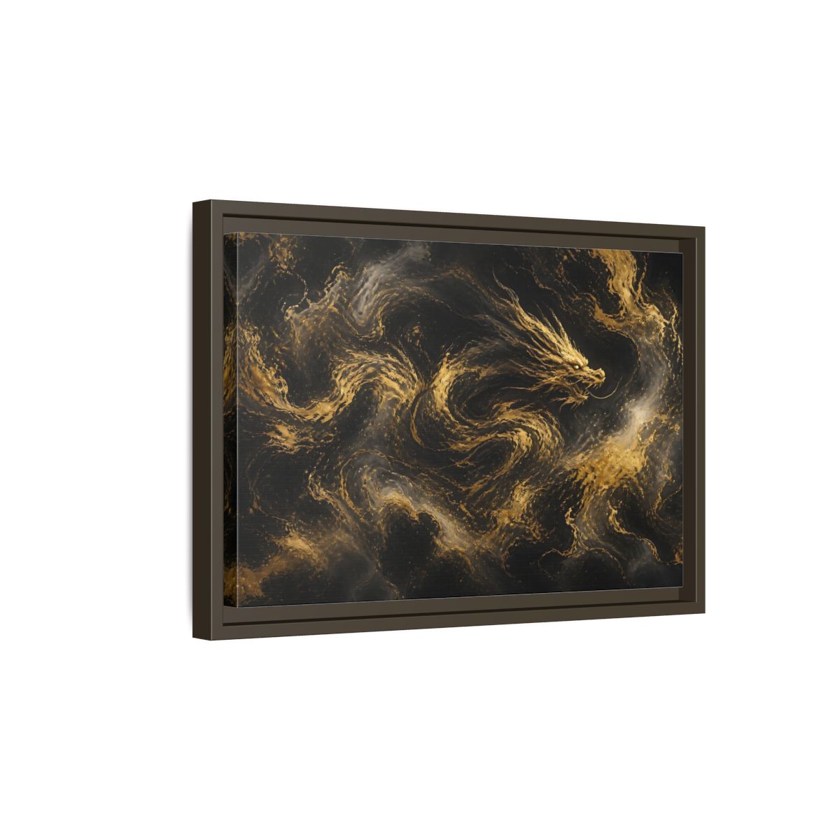 Side Mockup 5. Abstract Gold Dragon shown as framed canvas print