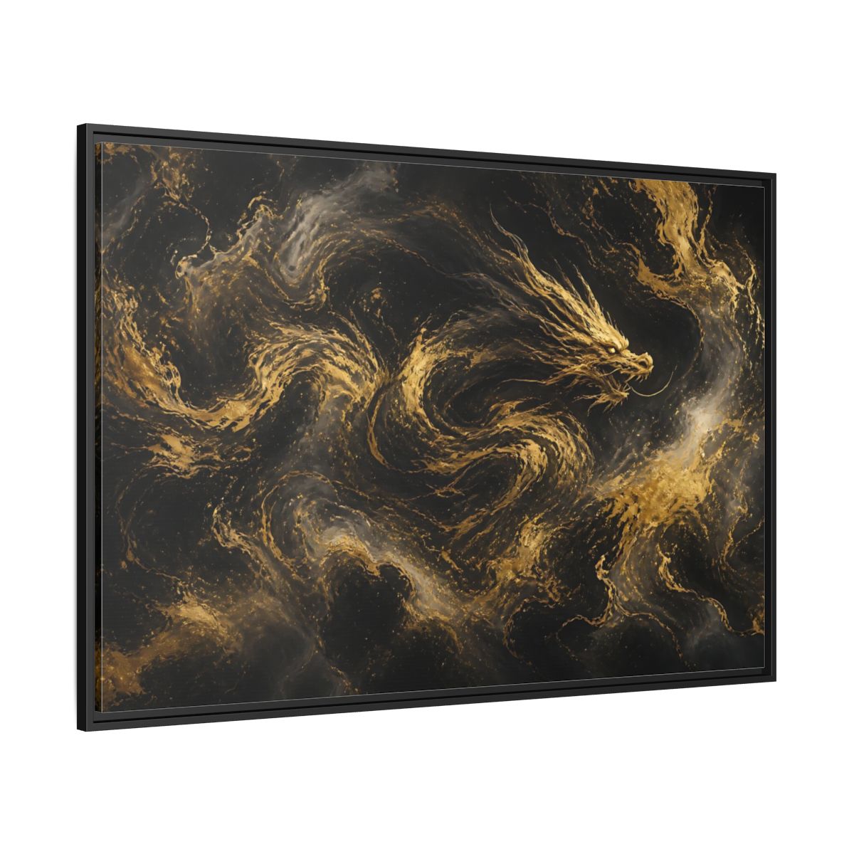 Side Mockup 12. Abstract Gold Dragon shown as framed canvas print