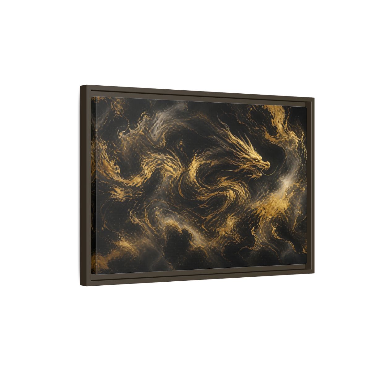 Side Mockup 2. Abstract Gold Dragon shown as framed canvas print