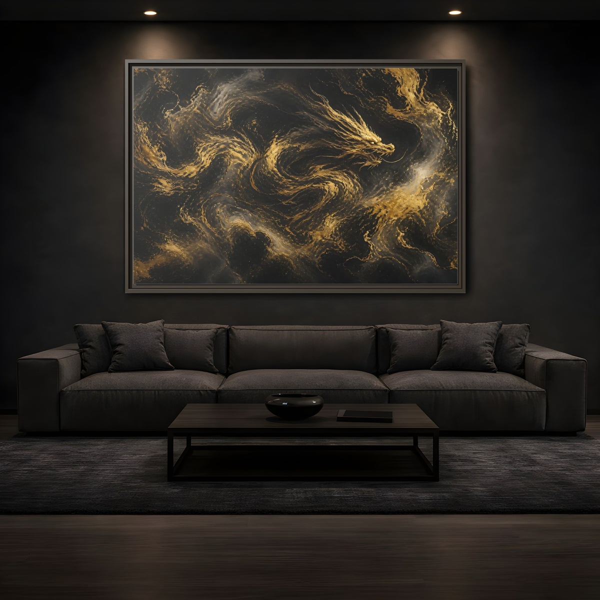 Mockup 3. Abstract Gold Dragon shown as framed canvas print