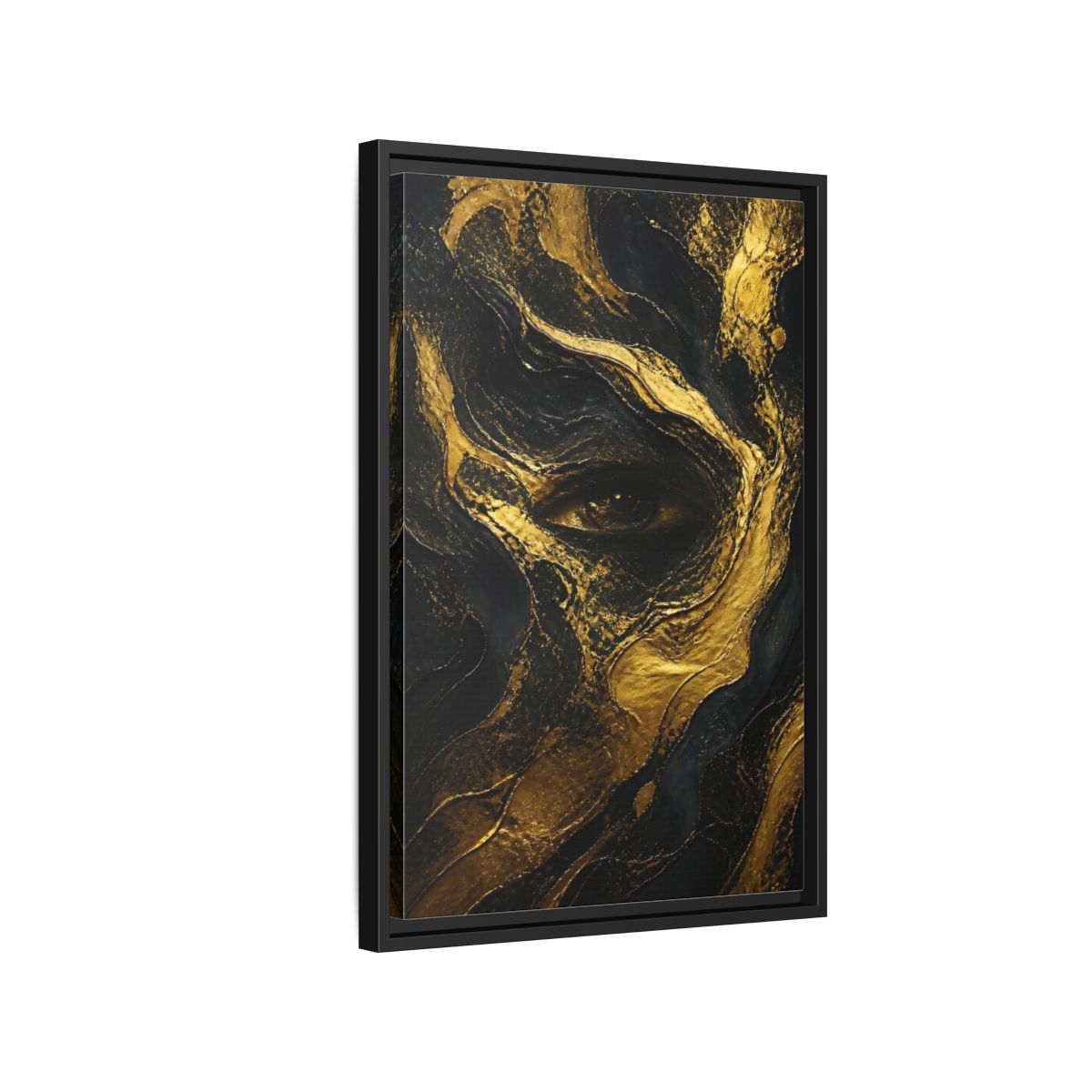 Side Mockup 3. Abstract Gold Eye shown as framed canvas print