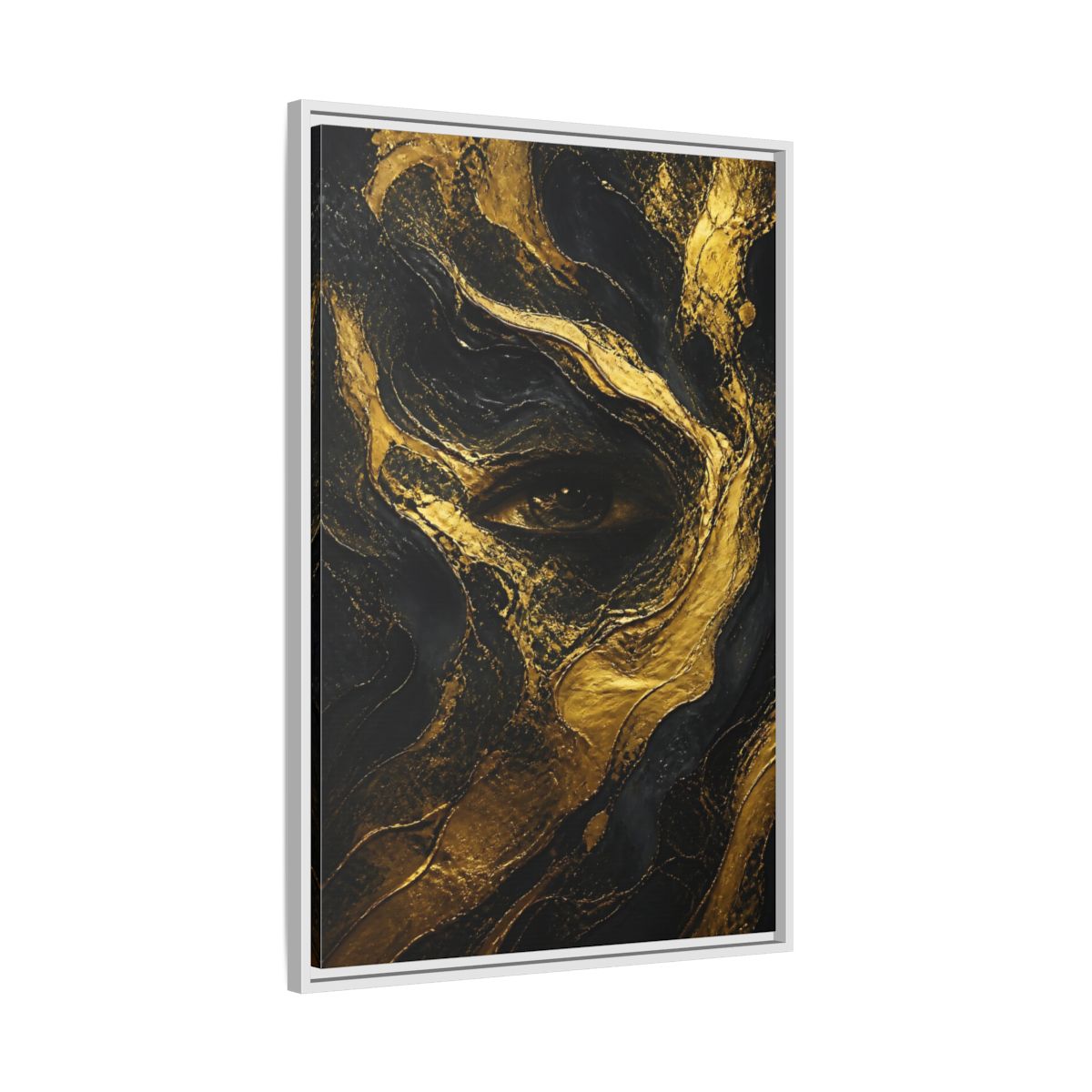 Side Mockup 9. Abstract Gold Eye shown as framed canvas print