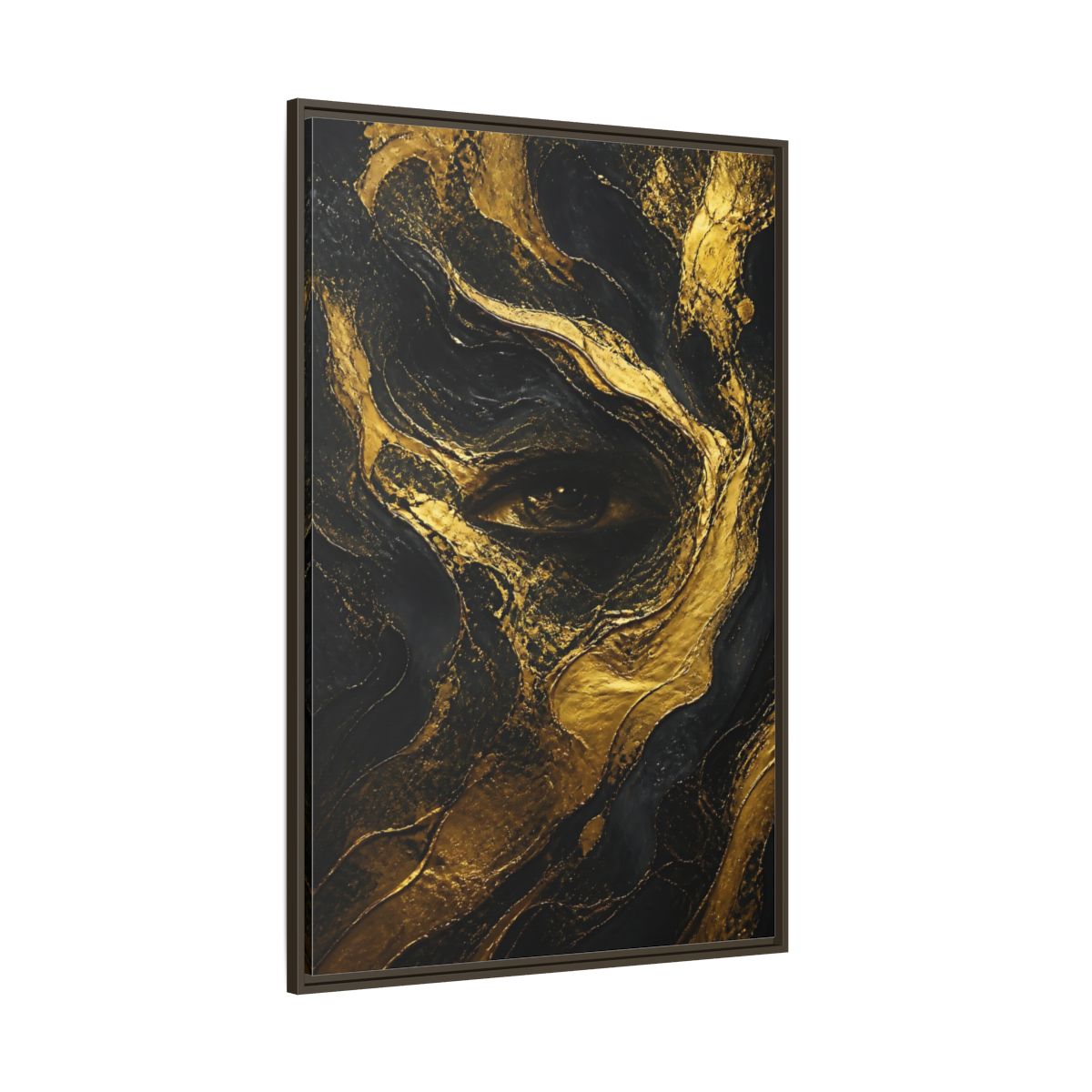 Side Mockup 8. Abstract Gold Eye shown as framed canvas print
