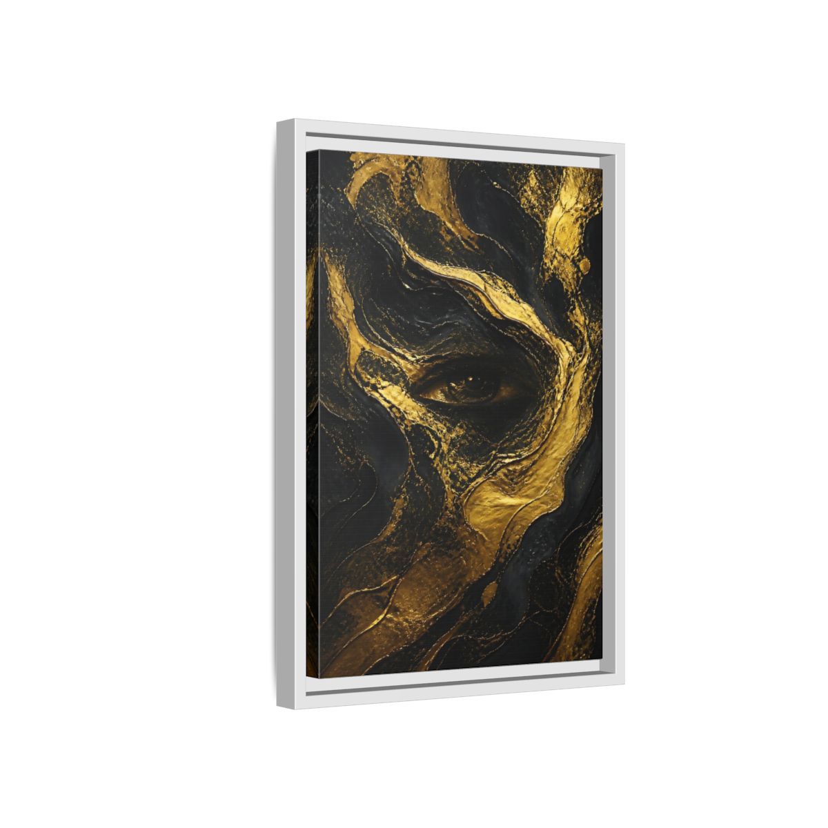 Side Mockup 4. Abstract Gold Eye shown as framed canvas print