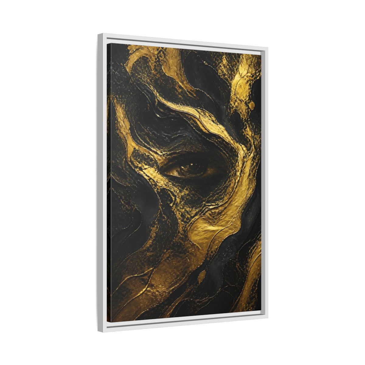 Side Mockup 10. Abstract Gold Eye shown as framed canvas print