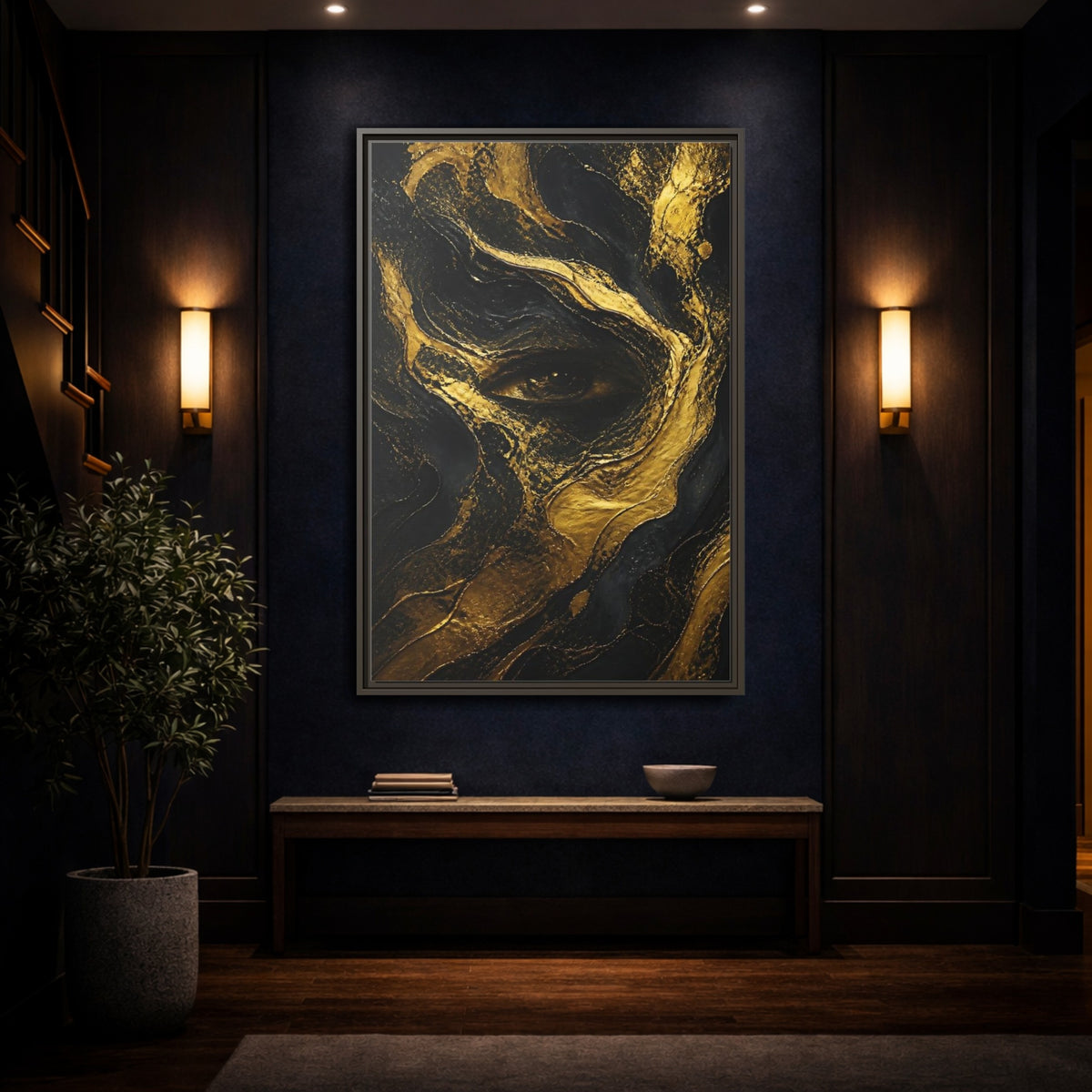 Mockup 4. Abstract Gold Eye shown as framed canvas print