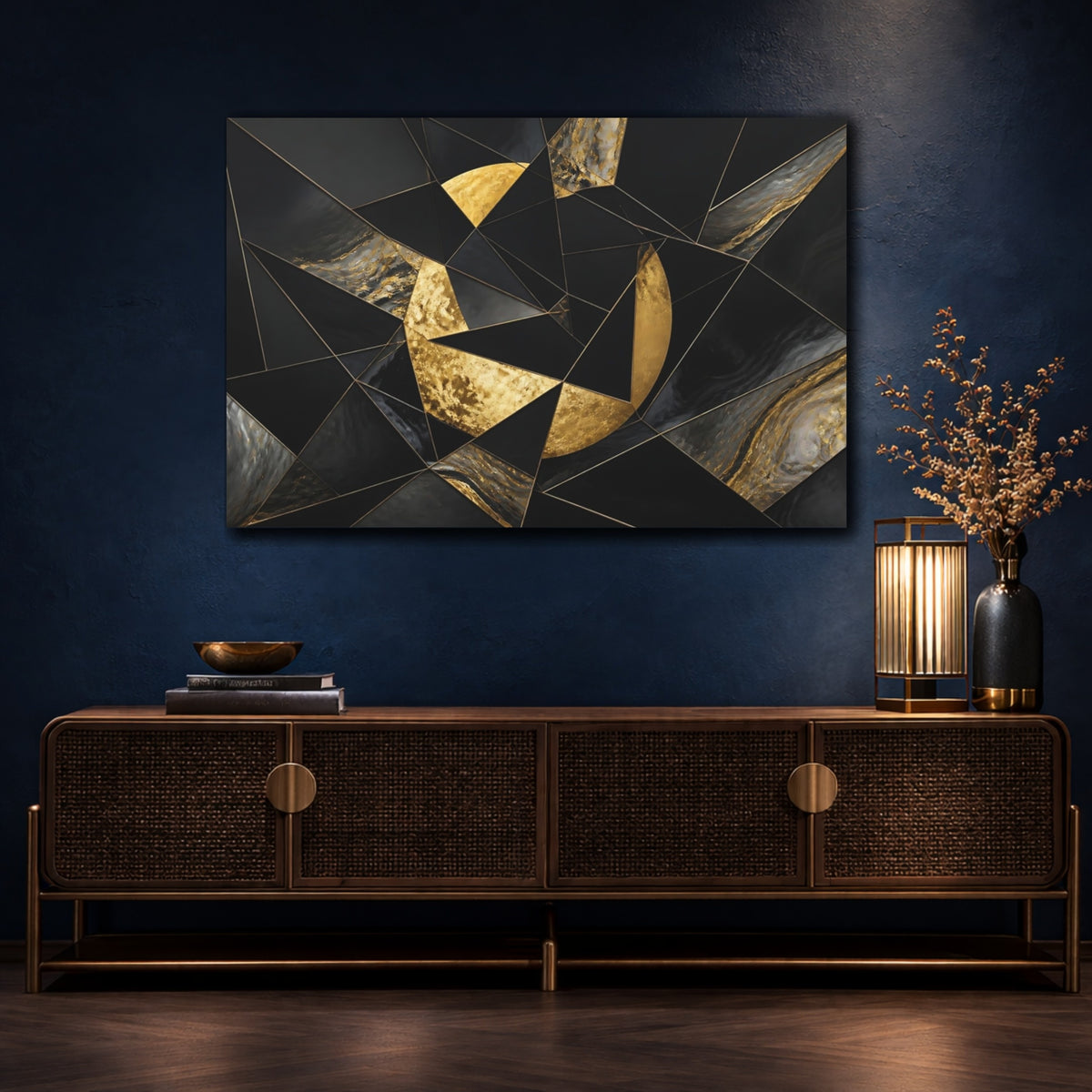 Mockup 4. Abstract Gold Moon shown as canvas print